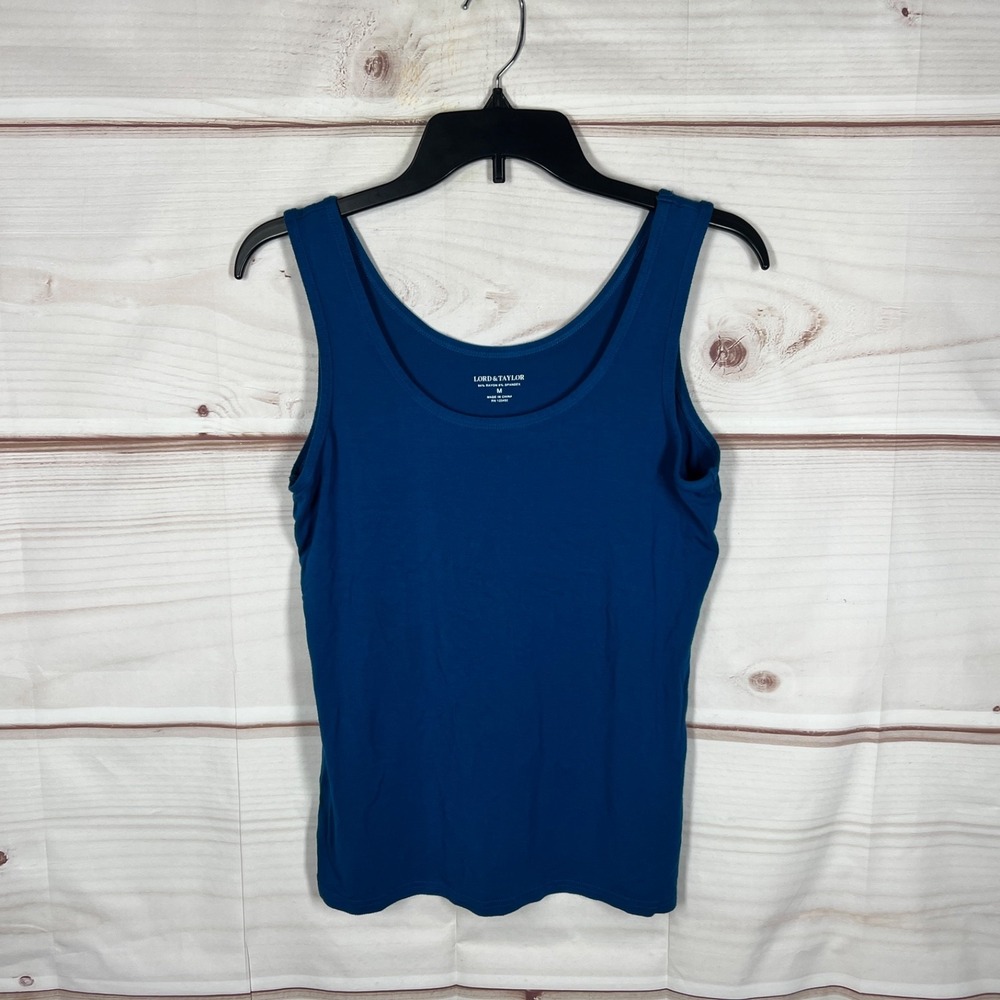 Lord & Taylor Top Womens Medium Blue Tank Scoop Neck Sleeveless Solid Basic Knit